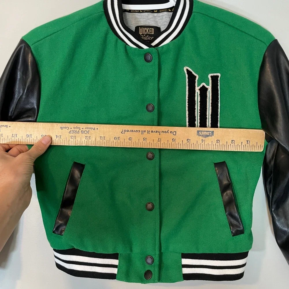 Justice x Wicked Green Black Varsity Letterman Jacket Kids Size S 7/8 Bomber